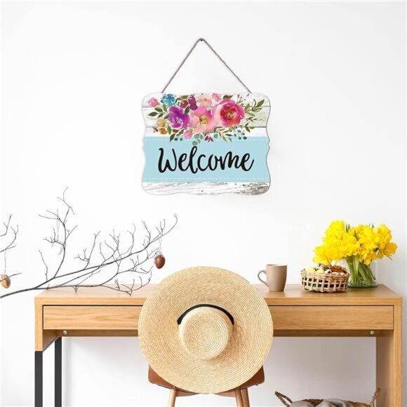 Welcome Hanging Sign Front Door Decor Wooden Welcome Sign Watercolor Floral - Picture 3 of 8